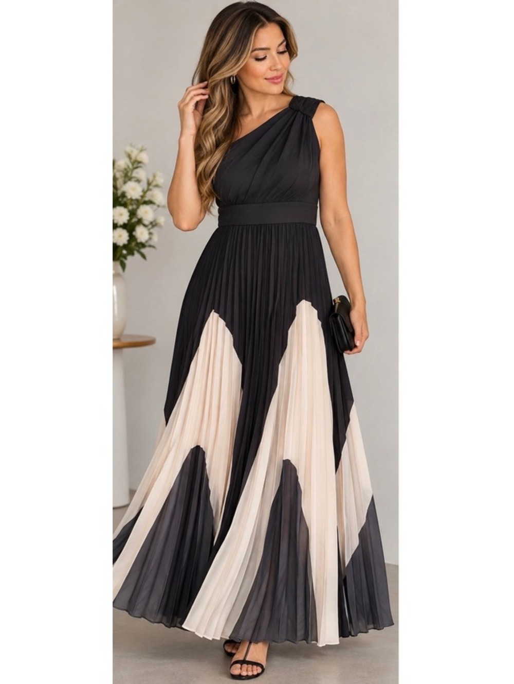UOOZEE One Shoulder Pleated Maxi Dress Black White Gray Size S